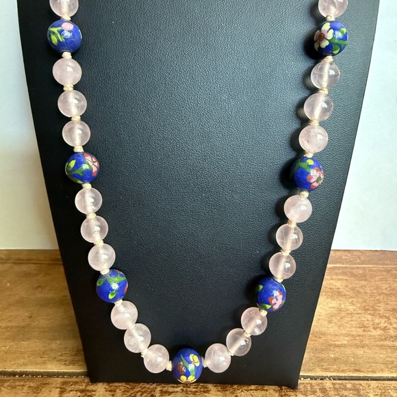 Vintage Rose Quartz and Cloisonné Bead Necklace